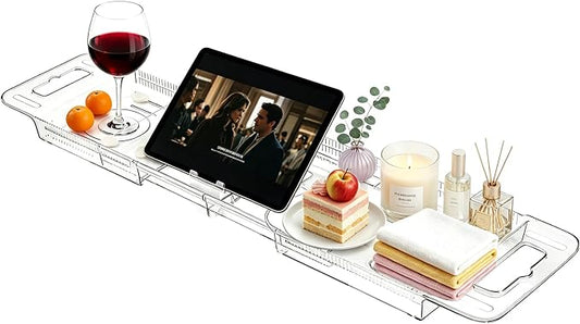 Expandable Bathtub Tray Caddy,Clear Acrylic Bath Tray for Tub,Bath Tub Table Tray with Book&Tablet&Phone Holder,Foldable Bath Shelf Over Tub,Bath Accessories&Bathtub Organizer for Luxury Home Spa