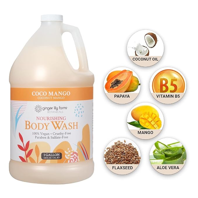 Ginger Lily Farms Botanicals Nourishing Body Wash, 100% Vegan & Cruelty-Free, Coconut Mango Scent, 1 Gallon Refill 128 Ounce (Pack of 4)