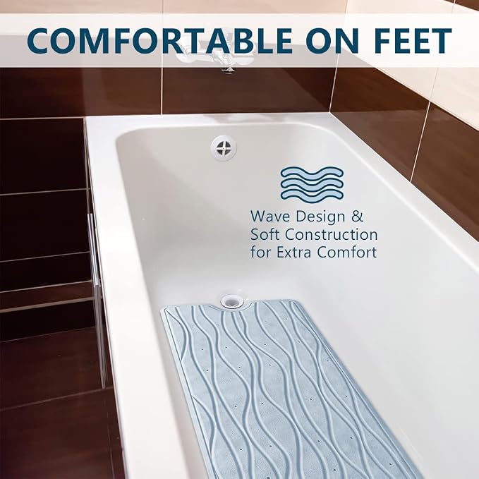 ComfiLife Bath Mat for Bathroom Tub and Shower – Non Slip Extra Large Bathtub Mat with Drain Holes & Suction Cups – Machine Washable Rubber Mats to Keep Bathtub Clean (Light Blue, Wave 16" x 40")