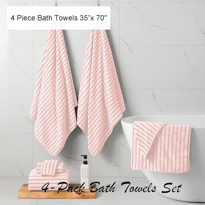 4 Piece Pink Cabana Stripe Large Bath Towels 35"x70" Oversized Bath Sheet Super Soft Breathable Jumbo Bathroom Towels Highly Absorbent Shower Towel Quick Dry Beach Chair Towel Spa Gym Hotel Towel Set