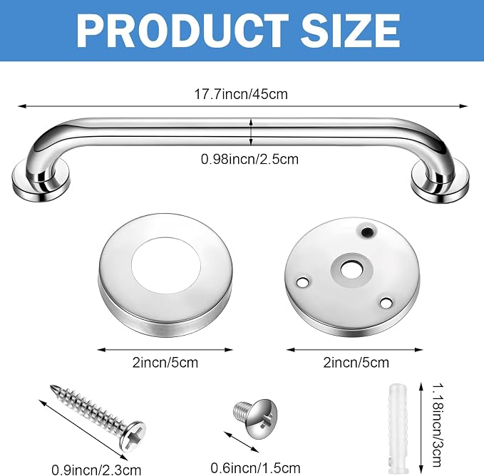 Therwen 6 Pack 18 Inch Shower Grab Bars Stainless Steel Bathroom Handicap Heavy Duty Handle Anti Slip Bathtub Handle Support Balance Hand Rail for Bathroom Wall Elderly Pregnant Seniors (Silver)