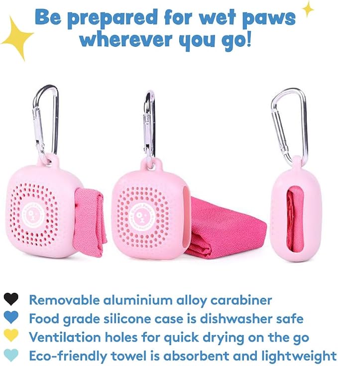 Portable Dog Paw Towel, Lightweight & Super Absorbent Microfiber, Clips onto Leash, Quick Drying Towel for Dogs Paws with Silicone Case, Dry Dog’s Paws on The Go - Small - Newport Navy