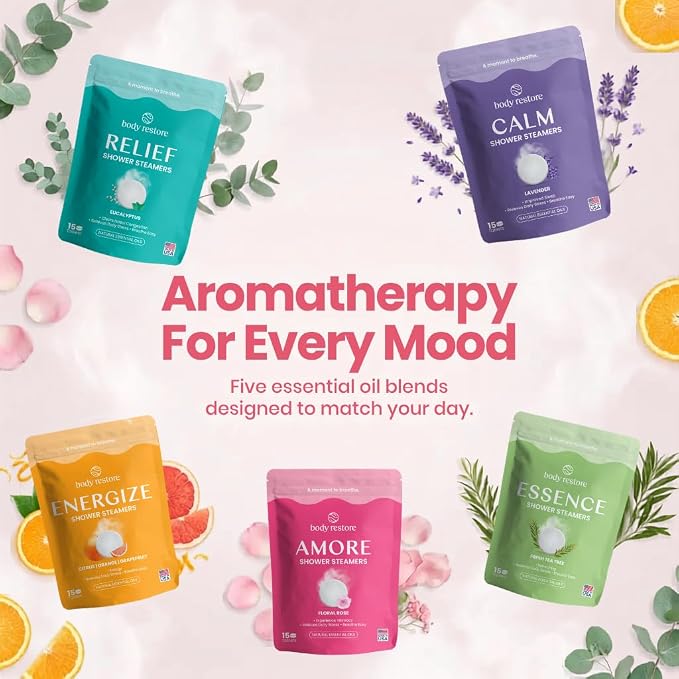 BodyRestore Shower Steamers Aromatherapy, Gifts for Women, Amore 15 Pack | Birthday Gifts for Women, Spa Stress Relief & Relaxation, Romantic Gift for Her,Rose Essential Oil Tablets