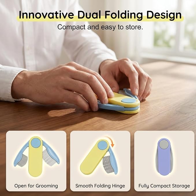 Professional Pet Eye Comb, Stainless Steel Folding Round Head Grooming Tool, Tear Stain Remover Flea Lice Combs, Precisely Clean Eye Area Dirt for Cats Dogs (2PCS Yellow)