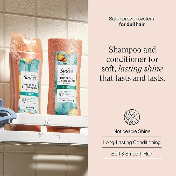 Suave Moroccan Oil Infusion Shine Shampoo and Conditioner for Dull Hair – Salon-Proven System for Brilliant, Shiny Hair, Frizz Control, 12.6 Oz Ea