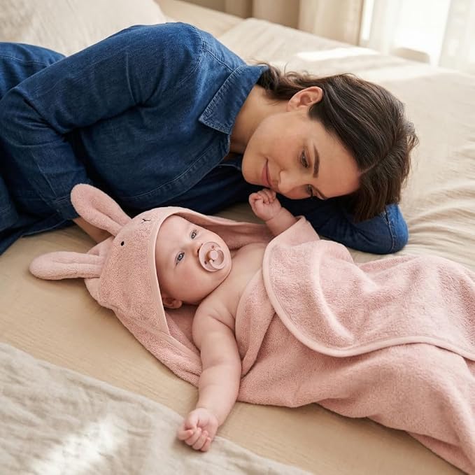 Hooded Baby Towels – 100% Organic Cotton Baby Bath Towels – Baby Girl Newborn Essentials - Super-Soft and Absorbent. (2-Pack Rabbit - Blush)
