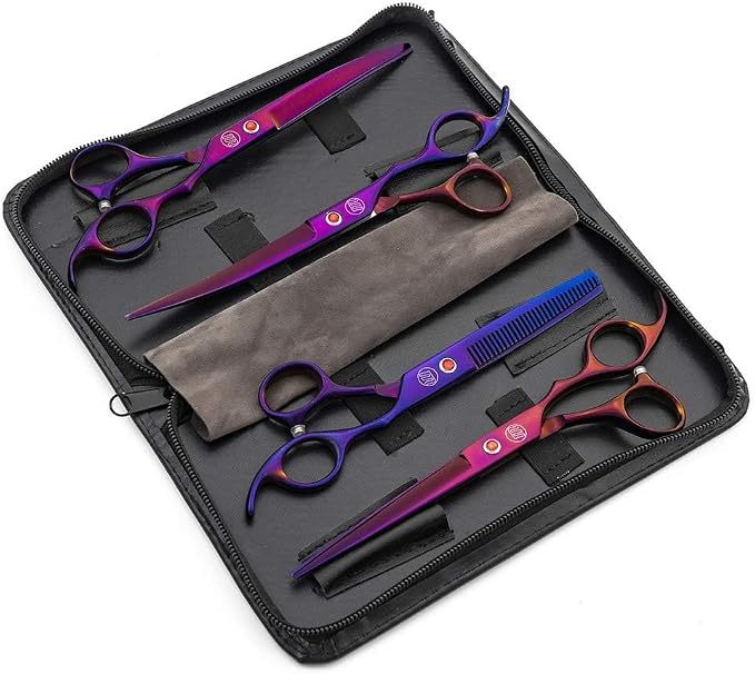 Moontay Professional 7.0" Dog Grooming Scissors Set, 4-pieces Straight, Upward Curved, Downward Curved, Thinning/Blending Shears for Dog, Cat and Pets, JP Stainless Steel, Purple