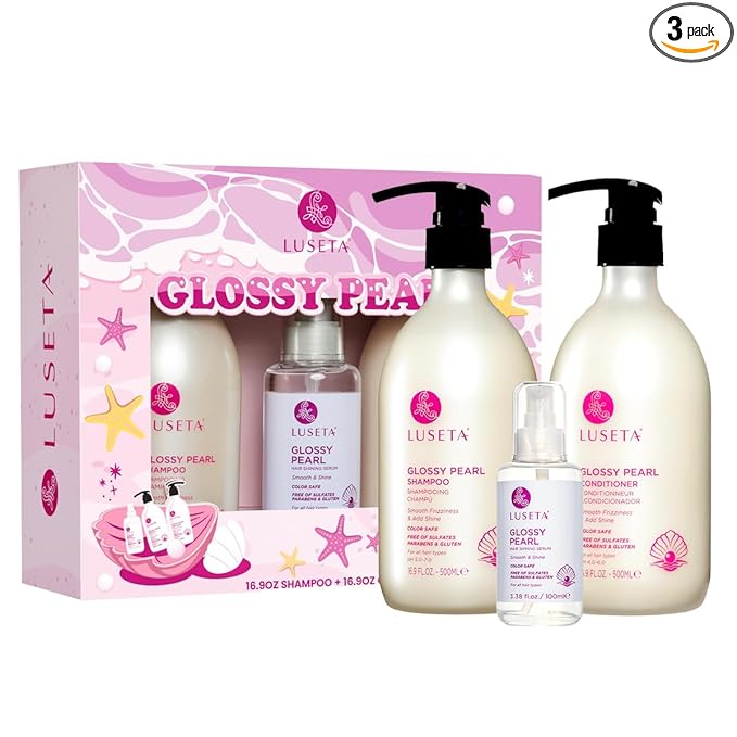 Luseta Glossy Pearl Hair Care Set, Smooth & Shine for Dull Hair | Shampoo & Conditioner (16.9oz×2), Hair Oil (3.38oz), Moisture Care, Easy Detangling, Healthy-Looking Shine, Sulfate Free