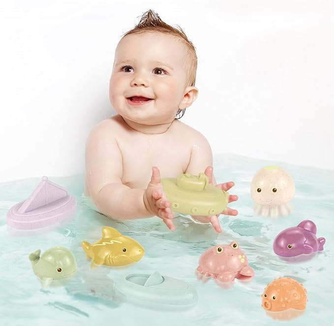 Mold Free Baby Bath Toys, 9 Pack | Sealed No Holes Design, No Water Inside | Soft Easy Grip Floatable Bathtub Toys | Baby Pool Water Toys for 0-6 6-12 12-18 Months, Toddlers 1-3 Years Old Girls Gift