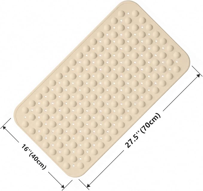 Bathtub Mat Non Slip, No Smell TPE with Suction Cups, Beige,27.5’’ x 16’’ | Soft shower bath mat with quick-drain holes and machine-washable care for clean, smooth tub surfaces; light and easy to lift.