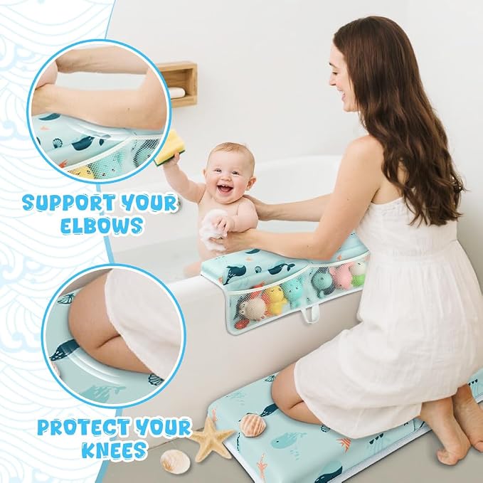 Baby Bath Kneeler and Elbow Rest Pad Set,1.5" Thick Baby Bath Kneeler Pads with Toys Organizer, Pads to Support The Arm, Essentials, Ideal Kneeling Pad for Bathing（Blue）