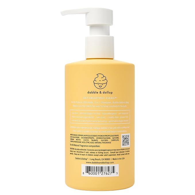 Dabble & Dollop Lemon Kids 3-in-1 Body Wash, Shampoo & Bubble Bath – Tear-Free, Gentle, Natural-Origin, Hypoallergenic and Safe for Sensitive Skin (10 fl oz, Pack of 2)