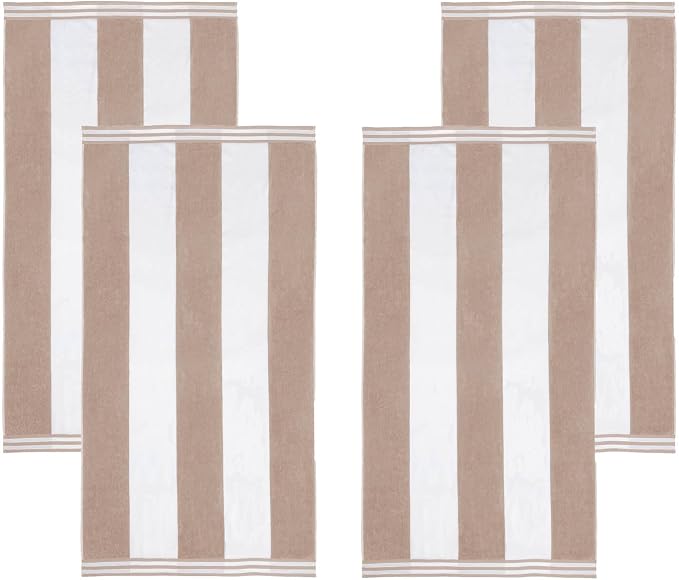Superior Cotton Striped Beach Towels, Colorful Towels for Adult, Kid, Pool, Swimming, Sand, Travel, Large Oversized, Absorbent, Fast Drying, Bath Basics, Cabana Collection, Set of 4, Taupe