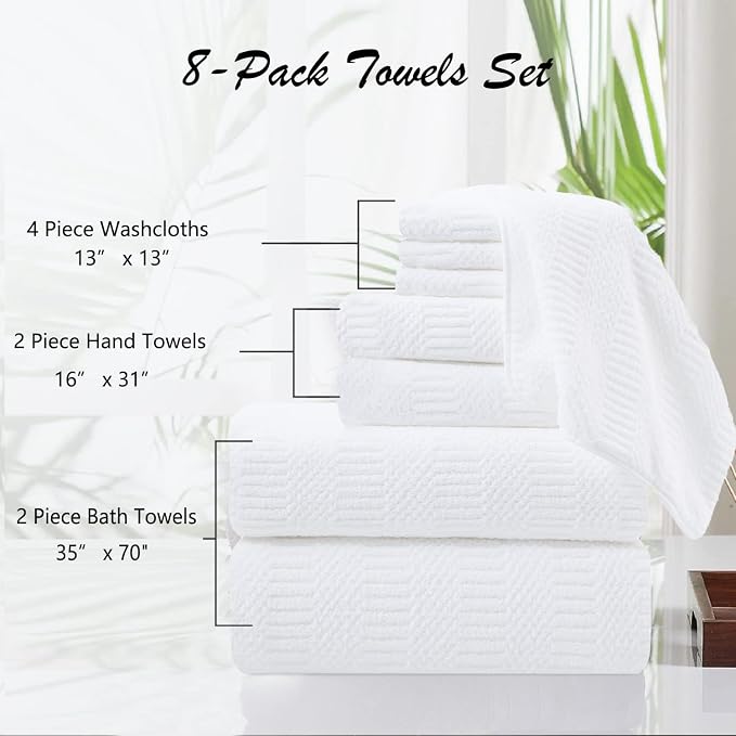 8 Pcs White Oversized Bath Towel Set-2 Extra Large Bath Sheets,2 Hand Towels,4 Washcloths Soft Bathroom Towels Highly Absorbent Quick Dry Beach Chair Towels Woven Towels for Hotel and Spa
