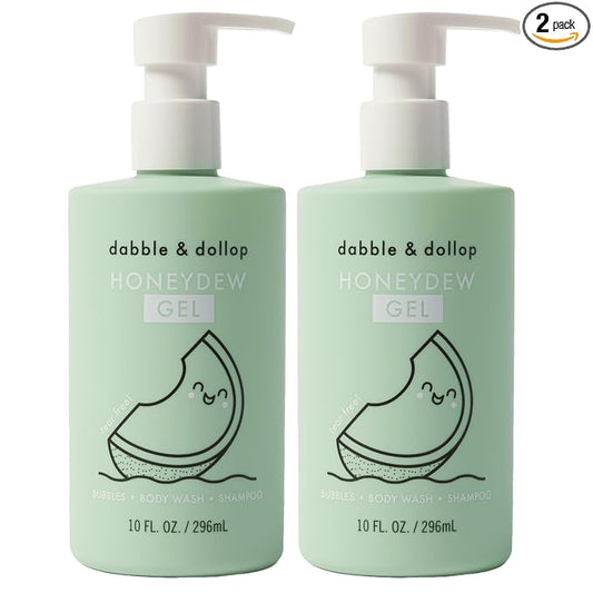 Dabble & Dollop Honeydew Melon Kids 3-in-1 Body Wash, Shampoo & Bubble Bath – Tear-Free, Gentle, Natural-Origin, Hypoallergenic and Safe for Sensitive Skin (10 fl oz, Pack of 2)