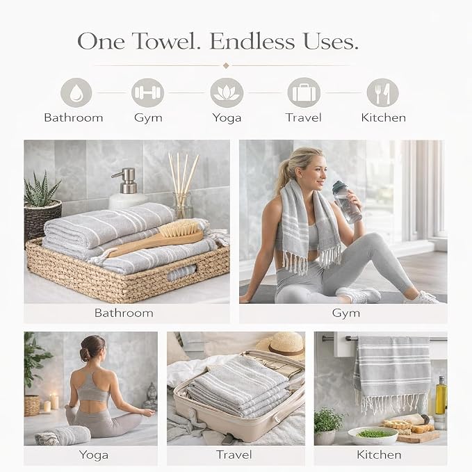Clotho 4 Pack Silver Gray Turkish Hand Towels for Bathroom 18x40 Large 100% Cotton Soft Decorative Towel, Absorbent Lightweight Quick Dry Face Towel for Travel Hair Gym Yoga