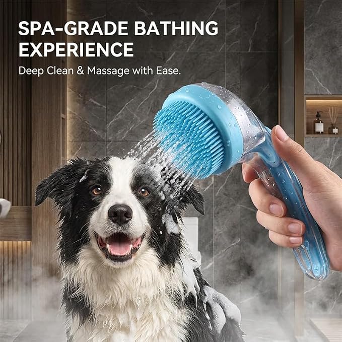 Dog Bath Brush with Shampoo Dispenser Silicone Pet Washing Scrubber & Massage Comb with Extended Handle, Soft Thick or Fine Bristles Grooming Supplies for Dogs & Cats