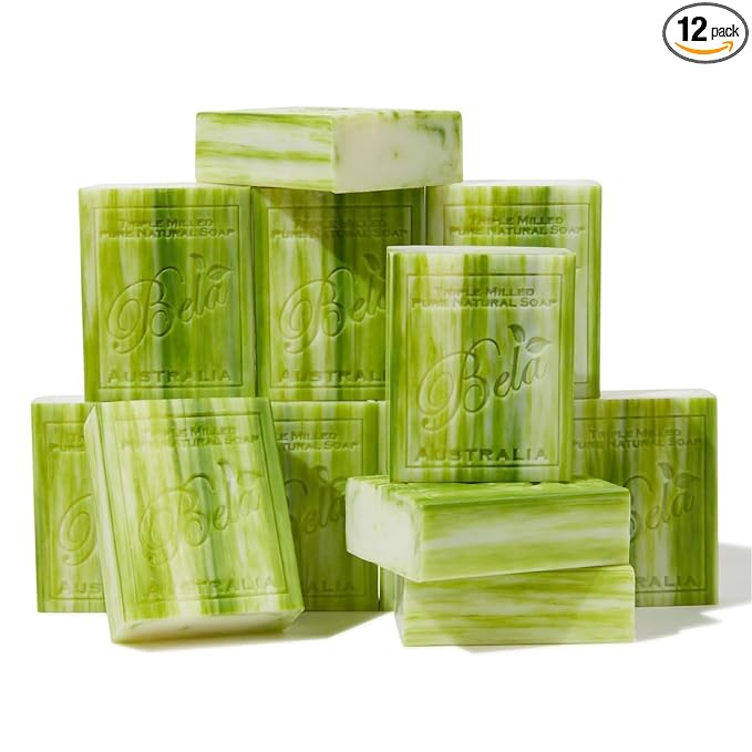 BELA Olive Oil and Cocoa Butter Soap, 3.3 OZ Pack of 12, Long Lasting French Triple Milled Bar Soap with Organic Shea Butter, Hand, Face and Body Wash Bar, Made in Australia