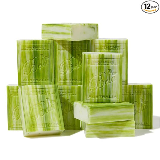BELA Olive Oil and Cocoa Butter Soap, 3.3 OZ Pack of 12, Long Lasting French Triple Milled Bar Soap with Organic Shea Butter, Hand, Face and Body Wash Bar, Made in Australia