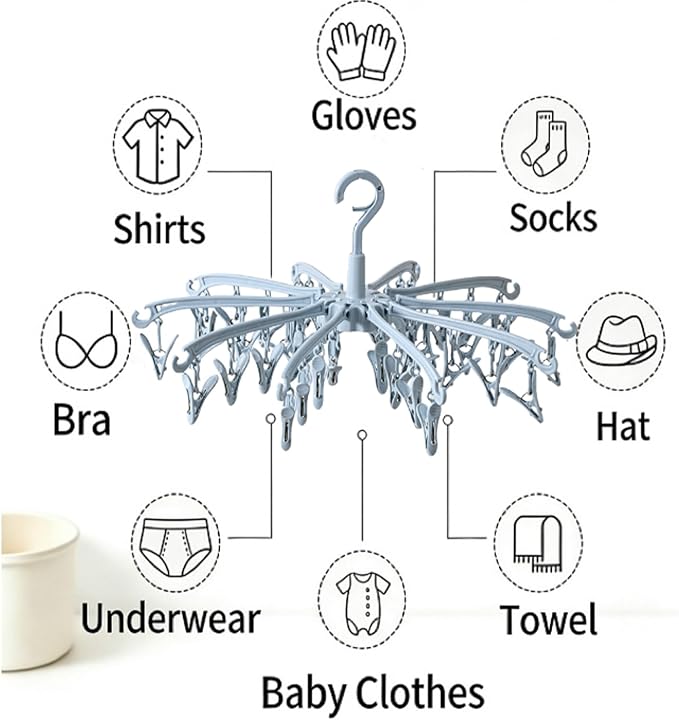 Foldable Drying Rack with 40 Clips for Drying Socks Lingerie Baby Clothes Drying Towels Rotatable Sock Drying Rack (Blue)
