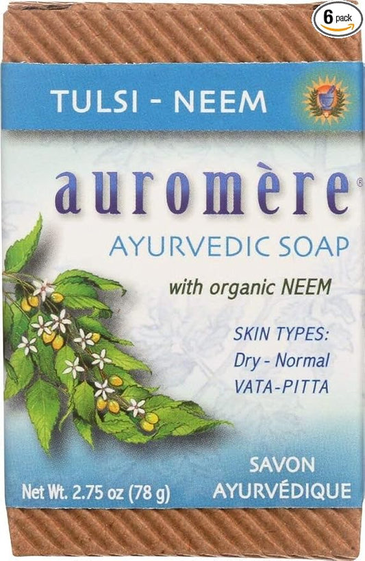 Auromere Ayurvedic Bar Soap, Tulsi Neem - Eco Friendly, Handmade, Vegan, Cruelty Free, Natural, Non GMO (2.75 oz), 6 pack