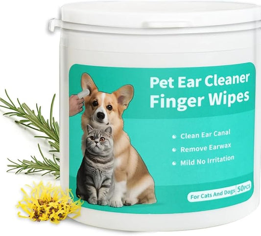 Pet Ear Cleaner Finger Wipes for Dogs, Cats, Gentle Alcohol-Free Formula, Removes Wax, Debris, 50 Count, Vet Approved, 4x8cm
