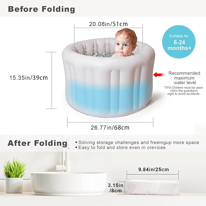 Portable Inflatable Baby Bathtub for Babies 6 Months and Up, Foldable Baby Pool with Anti-Slip Base & Soft Support Seat, Ideal for Travel & Household Use