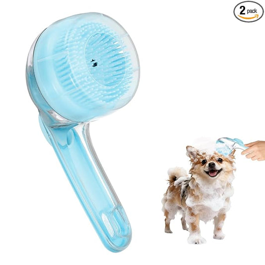 Pet Bath Brush, Dog Shampoo Brush New 2 in 1 Grooming Massage Scrubber Bubble Maker with Ring Built-in Shampoo Dispenser(2Pcs,Fine Bristled,Blue), for Long Short Hair Cats Shower