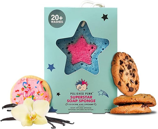 All-Natural Soap-Infused Sponge for Kids and Tweens Body Wash, Gentle on Skin, 20+ Uses (Cookies and Dreams)