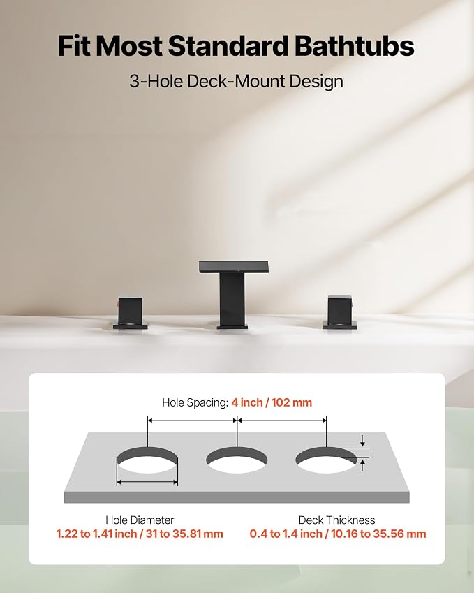 VEVOR Roman Tub Faucet, 3 Hole Waterfall Bathtub Faucet, Roman Bathtub Faucets Set with 2 Handles, Deck Mount Bath Tub Faucets Set for Pet Washing, Baby Care, Adult Bathing, Matte Black, Drip-Free