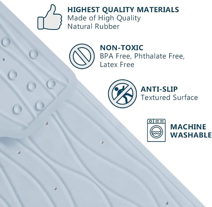 ComfiLife Bath Mat for Bathroom Tub and Shower – Non Slip Extra Large Bathtub Mat with Drain Holes & Suction Cups – Machine Washable Rubber Mats to Keep Bathtub Clean (Light Blue, Wave 16" x 40")