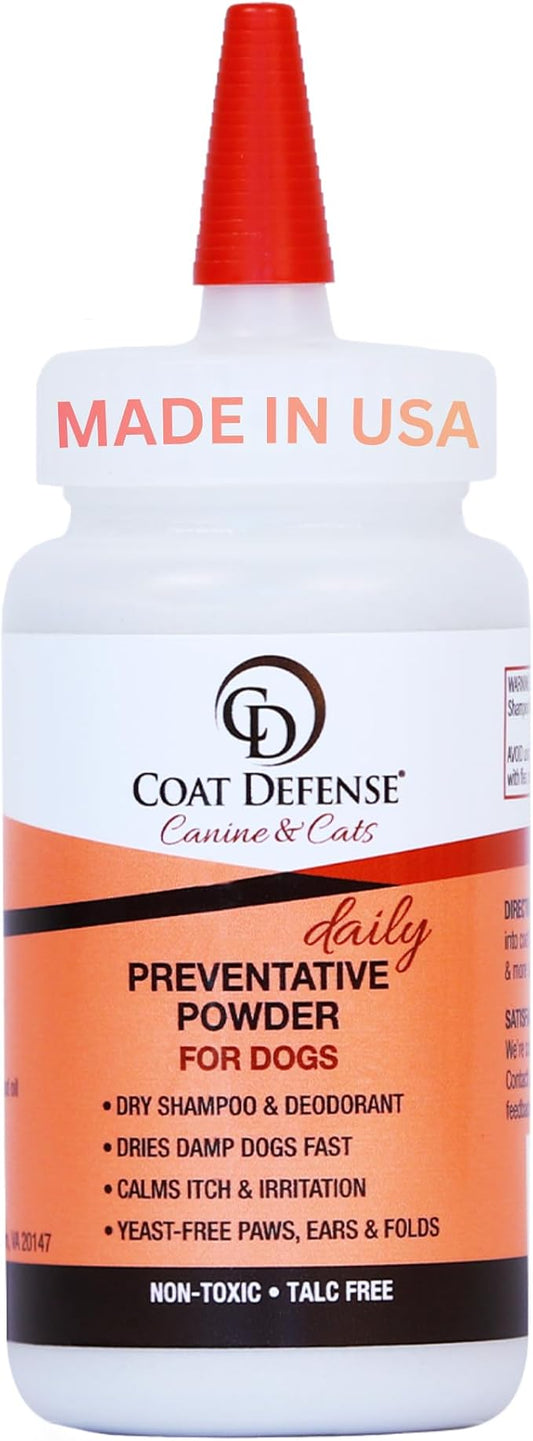 COAT DEFENSE Daily Preventative Powder | Made in USA | 4.2oz Precision Point Waterless Dog Shampoo & Pet Deodorizer for Smelly Dogs | Provides Anti Itch Relief | Dog Dry Shampoo for Dry Itchy Skin