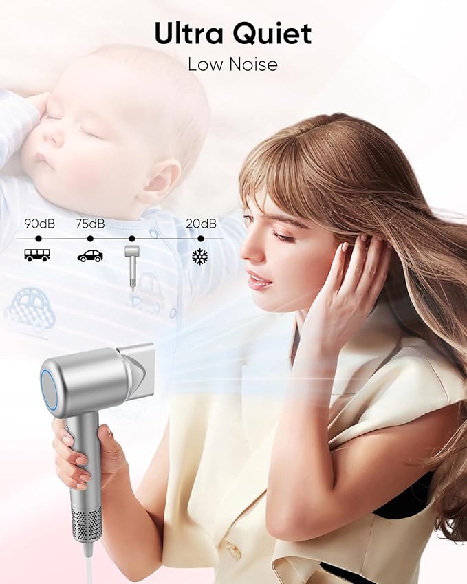 Hair Dryer, High-Speed Ionic Low Noise Blow Dryer with Brushless Motor for Fast Drying, Thermo-Control Quiet Compact Hair Blow Dryer with Magnetic Diffuser for Curly Hair for Home Travel Salon