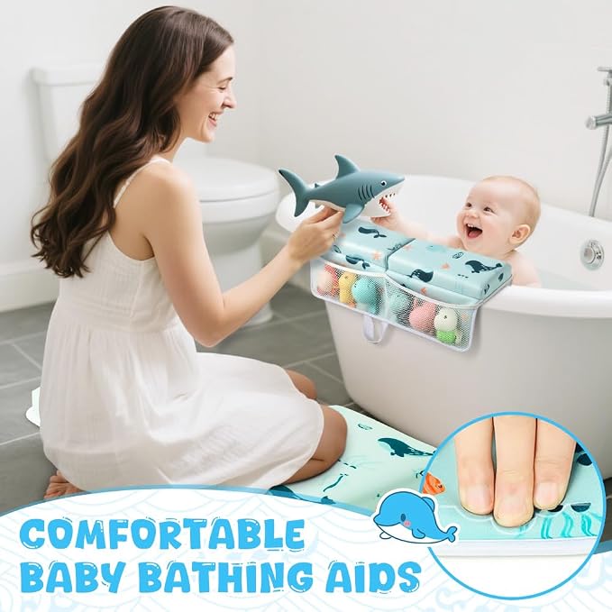 Baby Bath Kneeler and Elbow Rest Pad Set,1.5" Thick Baby Bath Kneeler Pads with Toys Organizer, Pads to Support The Arm, Essentials, Ideal Kneeling Pad for Bathing（Blue）