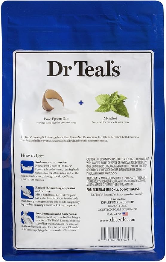 Dr Teal's Epsom Salt Magnesium Soak, Pre & Post Workout with Menthol & Essential Oils, 3 lbs (Pack of 4)