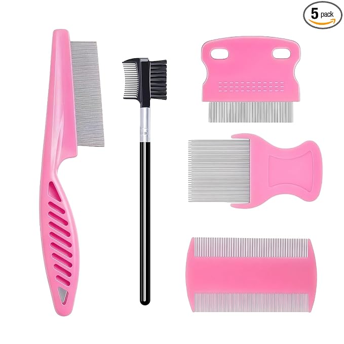MEDUWEDU 5 Pack Flea & Lice Comb Set for Cats, Dogs & Kids – Stainless Steel Fine Tooth Nit Comb Kit with Double-Sided Tear Stain Remover, Grooming Brush & Peine para Piojos for Thick Hair (Pink)