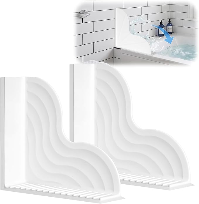 2 PCS Water Splash Guard Shower, No-Adhesive Silicone Splash Guard for Bathtub, Angle Water Stopper, Durable Easy to Remove, Keep Floor Drier (White)