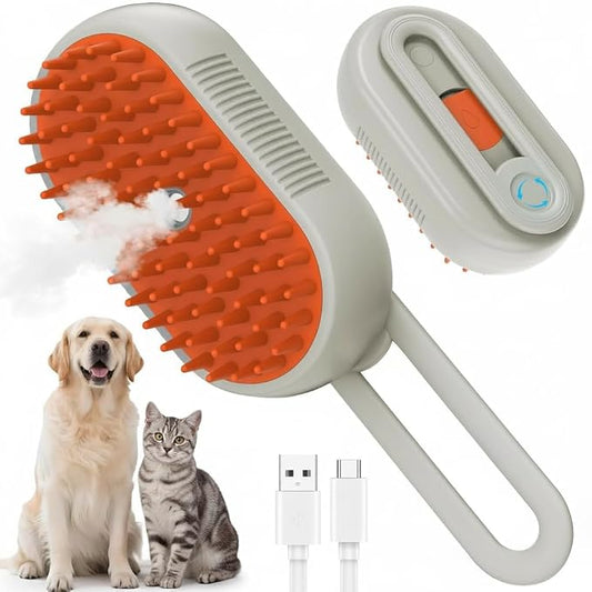 4 in 1 Rechargeable Dog & Cat Steam Brush, Portable Grooming Tool for Massage, Shedding, Grooming, Bathing, Anti-Static & Reduce Flying Fur, Suitable for Short & Long-haired Pets (khaki)