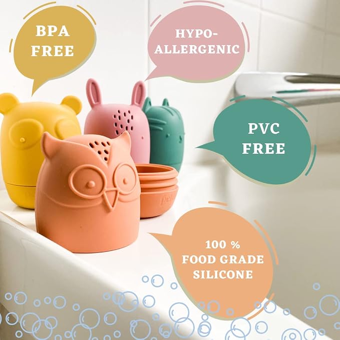 Bumble Bear Mold Free Silicone Bath Toys, Baby Bath Toys 6-12 Months, Toddlers 1-3, Non Toxic Infant Bathtub Toy, Water Toys, Pool Toy, Dishwasher Safe (Coral with Mesh Bag)