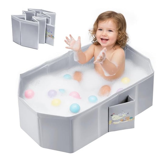 Baby Bathtub for Newborn to Toddlers 1-6 Y, Foldable Infants Babies Bath Tub with Non-Slip Base and Drain Plug, Portable Bathtub for Home Outdoor (Light Grey, 78-45-30CM)