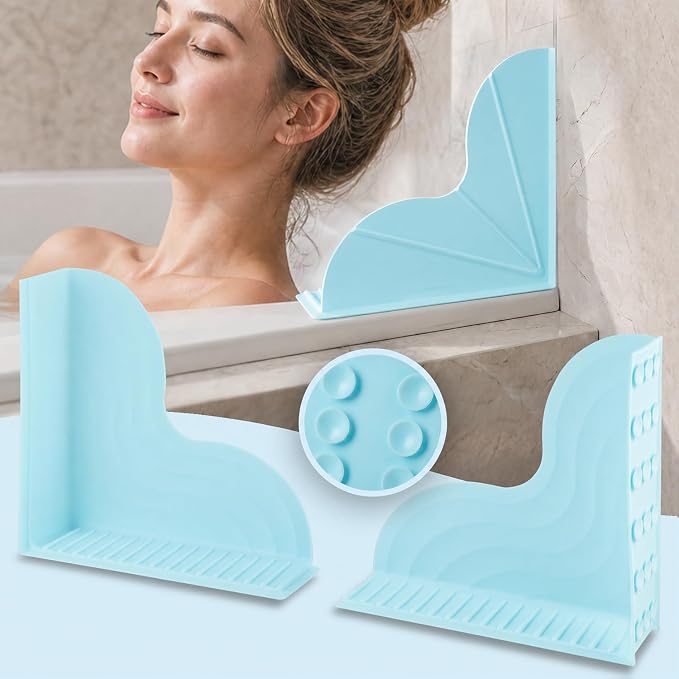 2-Pack Blue All-Silicone Bathtub Splash Guards. | No-Glue Corner Water Stopper with Secure Suction Cups, Easy On/Off Bath Tub Leak Proof Barrier for Walk-in Showers.