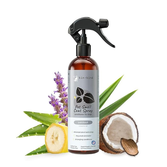 kin+kind Dog Coat Spray (12 fl oz) - Deodorizing Patchouli Formula with Long Lasting Dog Cologne Scent with Aloe Vera - Safe, Natural Odor Eliminator for Dogs - Made in USA (Patchouli)