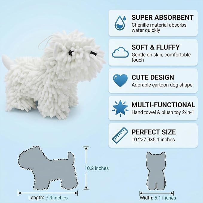 Cute Dog Chenille Hand Towel, 3D Puppy Hangable Fuzzy Ball Hand Towel Microfiber Super Soft Absorbent Bathroom & Kitchen Towels with Hanging Loop, Can Be Placed on the Sink Countertop (White & Gray)