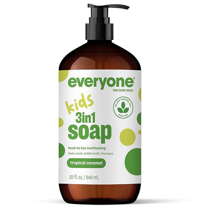 Everyone 3-in-1 Kids Soap, Body Wash, Bubble Bath, Shampoo, 32 Ounce (Pack of 6) Tropical Coconut, made with Essential Oils for Toddlers, tweens and teens
