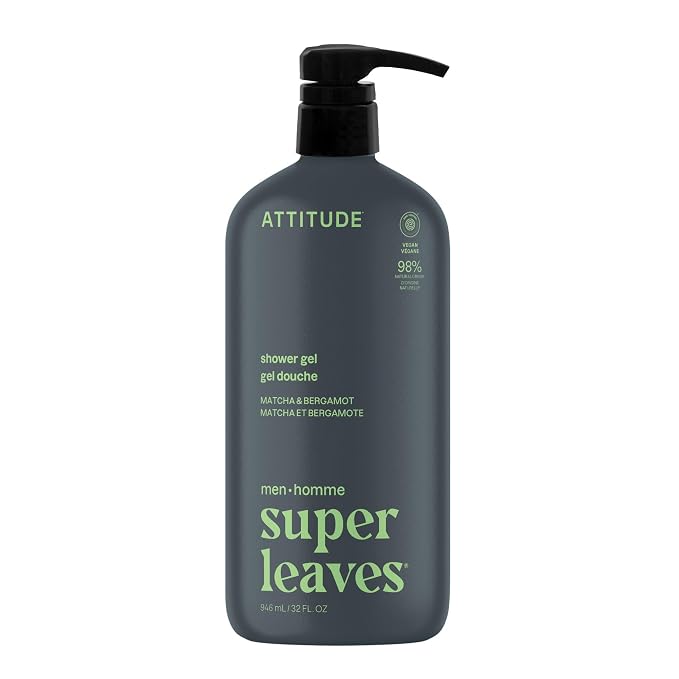 ATTITUDE Shower Gel Body Wash for Men, 98% Natural Origin Ingredients, Paraben & Phthalate Free, EWG Verified, Cleanses Without Drying, Matcha & Bergamot, 32 Fl Oz