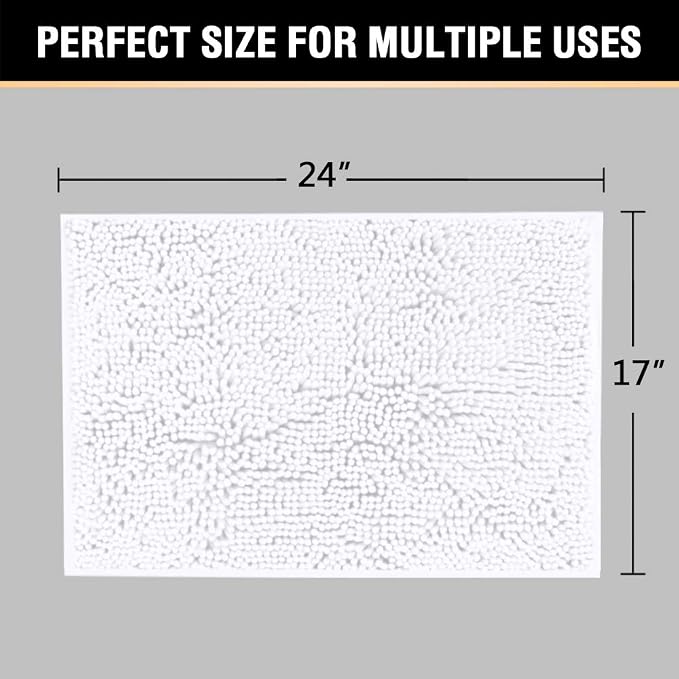 H.VERSAILTEX Pure White Bath Mat Bathroom Rug Bath Rugs for Bathroom Non Slip Bath Mats Extra Thick Chenille Rug 17" x 24" Absorbent Soft Shaggy Washable Dry Fast Plush Rugs for Bathtubs
