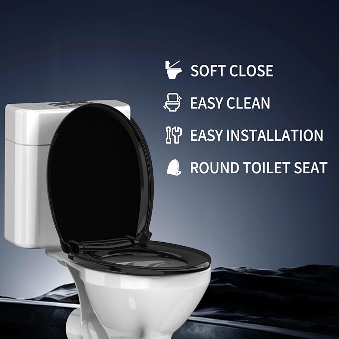 Black Round Toilet Seat 16.5 Inch, Soft Close Toilet Seat, Quiet No Slam Toilet Lid, Easy Install & Quick Release, Durable PP Plastic, Easy Clean, Fits Most Standard Round Toilets, Black