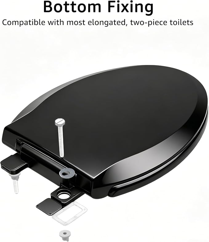 Black Toilet Seat Elongated, 18.5 x 14.2 Inch, Slow Close, Bottom-Mount Design, Fits 2-Piece Toilets, Durable & Easy to Install, PP Material Safe and Durable