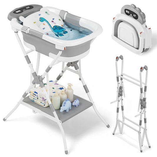 2-in-1 Baby Bath with Stand, Foldable Dinosaur Bathtub for Infant to Toddler, Portable Travel Tub with Soft Cushion for 0-18 Months, Gray