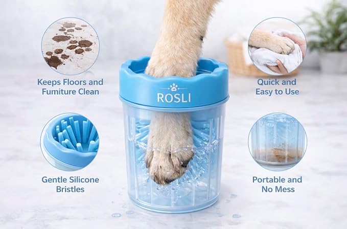 ROSLI Dog Paw Clianer Cup - Portable Pet Paw Washer for Dogs - Deep Cleaning Mud & Dirt - Silicone Brush - Easy to Use & Wash (Blue, Large) (Blue, Large)